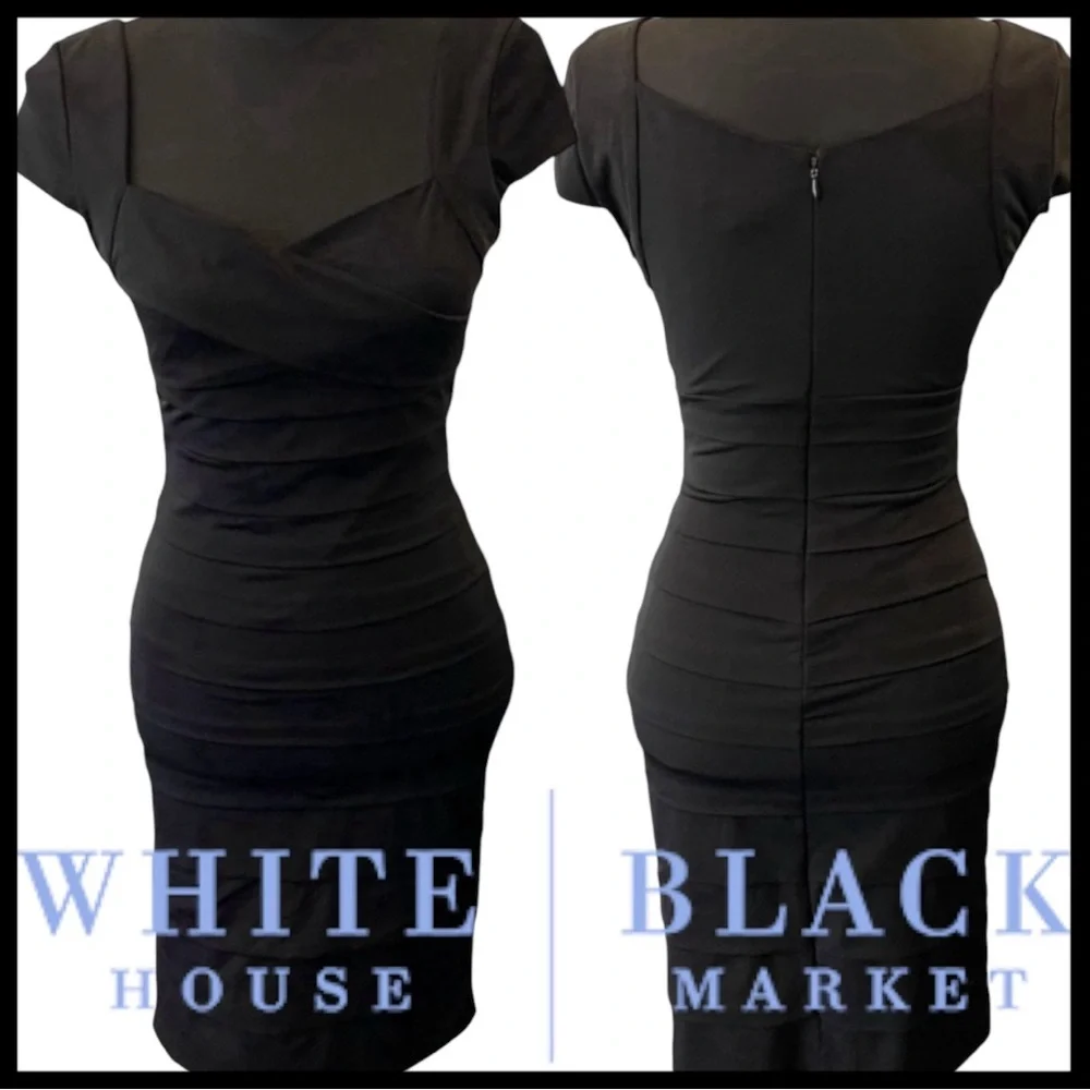 WHBM Black Cap Sleeve Sweetheart Neck Layered Bodycon Mini Dress (4) - Picture 3 of 13